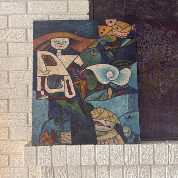 Abstract vintage cubism art signed fiber glass Art Canvas with Vibrant Colors - Picture 4 of 6